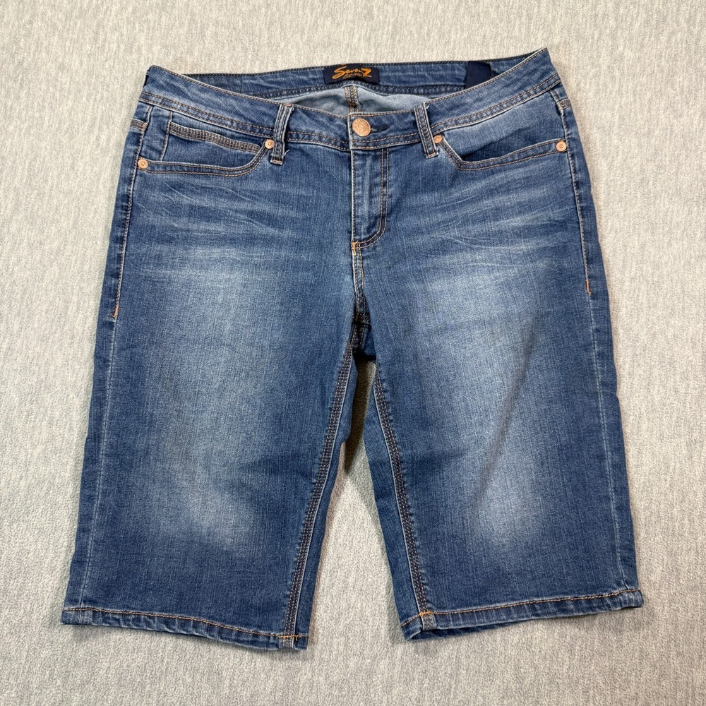 Seven7 Shorts Women 10 Blue Denim Mid Rise Stretch Bermuda Jean Casual